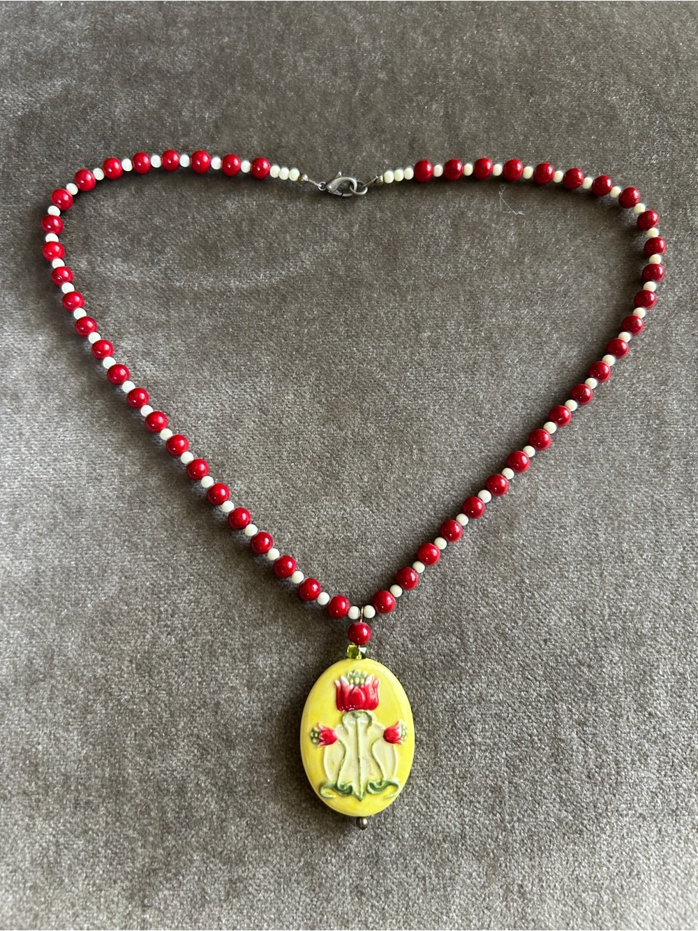Handmade by me Red Bead Necklace with Yellow Floral Pendant -